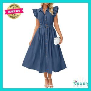 Boho Midi Dress Flutter Sleeves Belted Pockets Formal Casual Work Wear